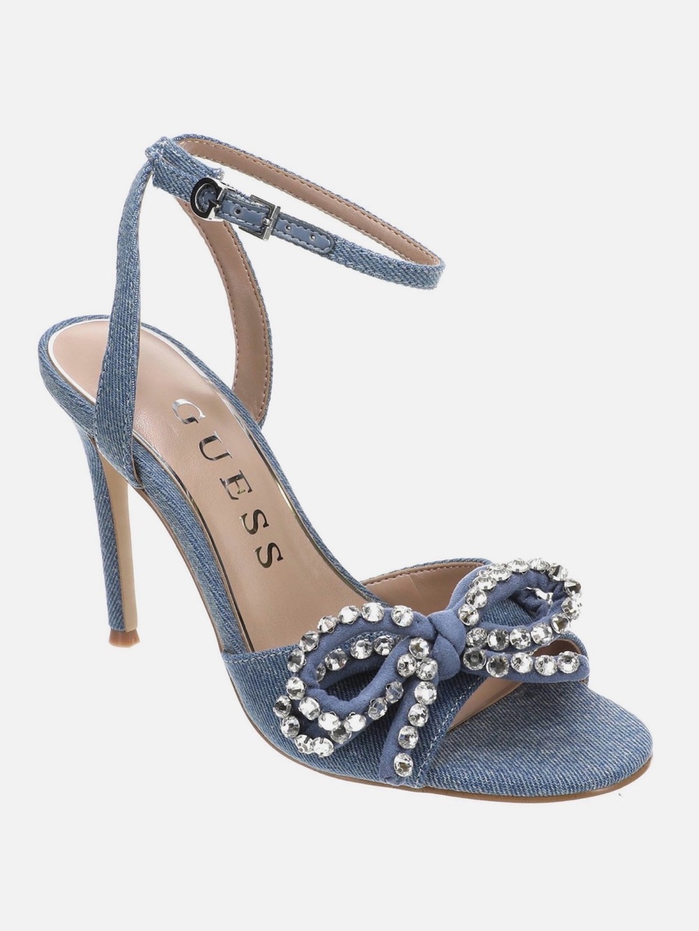 GUESS Denim Blue Crystal Bow Ankle-Strap Heels